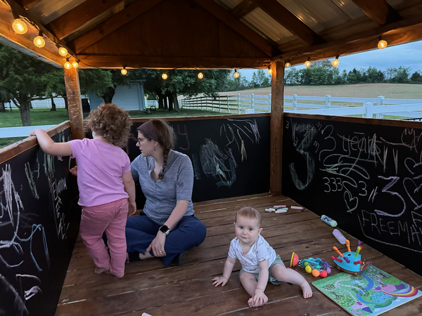 Playing in their newly remodeled playhouse